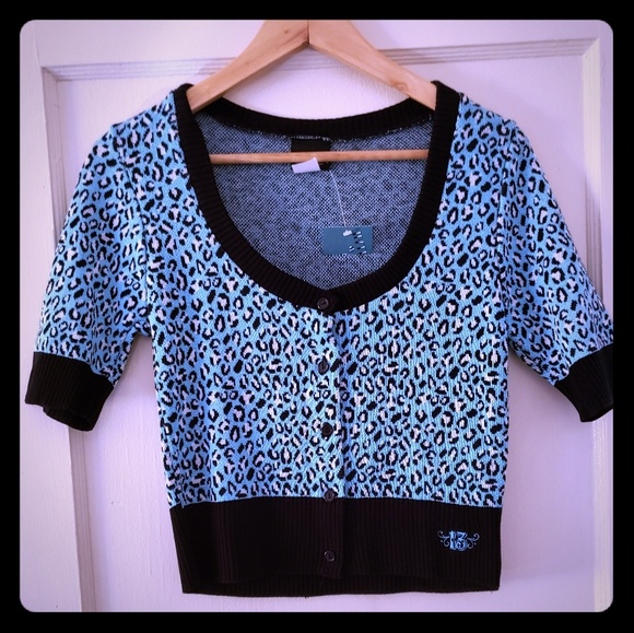 Lucky 13 Sweaters - Lucky 13 Cropped Aqua Leopard Print Cardigan